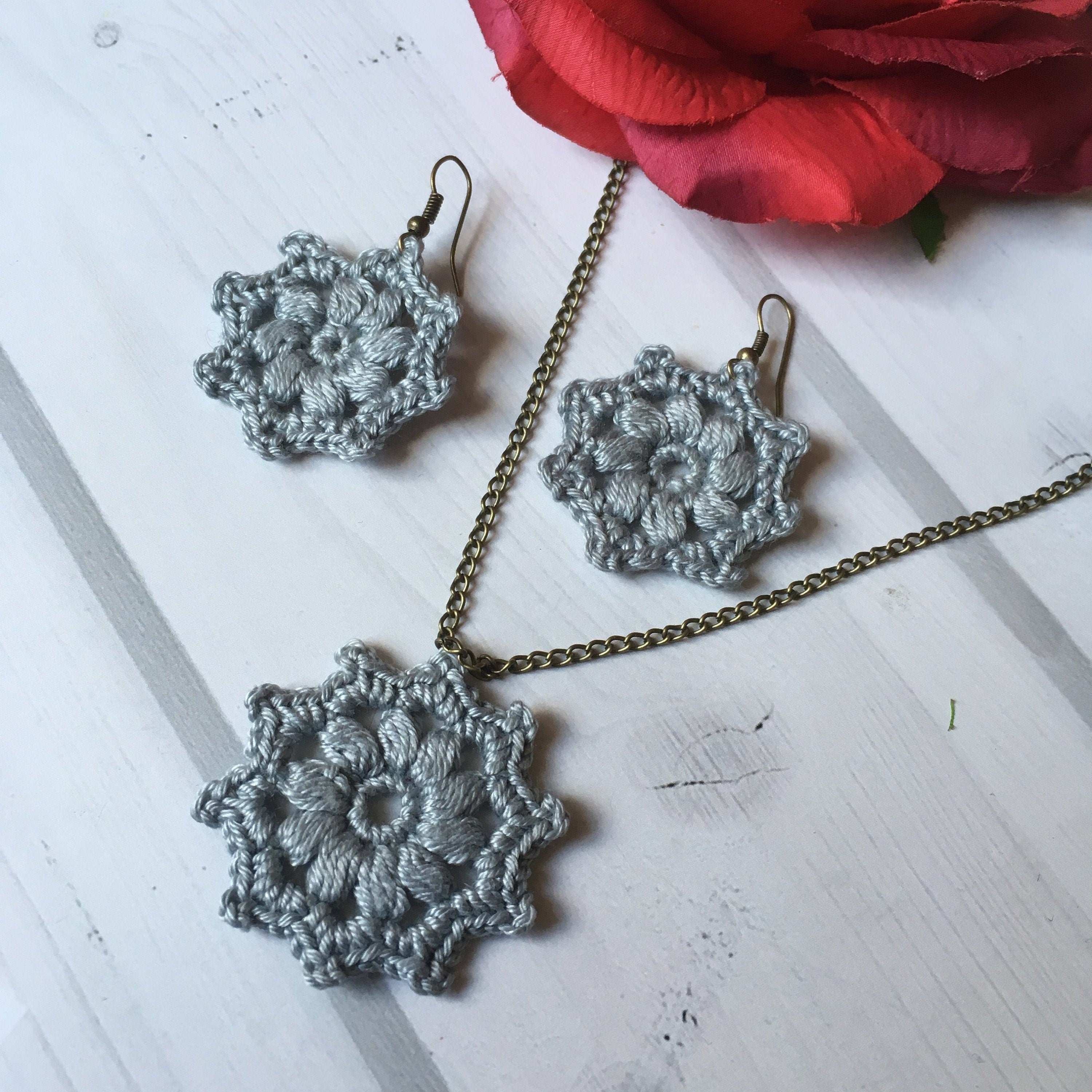 90. Crochet Jewelry Pattern: Starflower Earrings & Pendant Set (PDF Download)